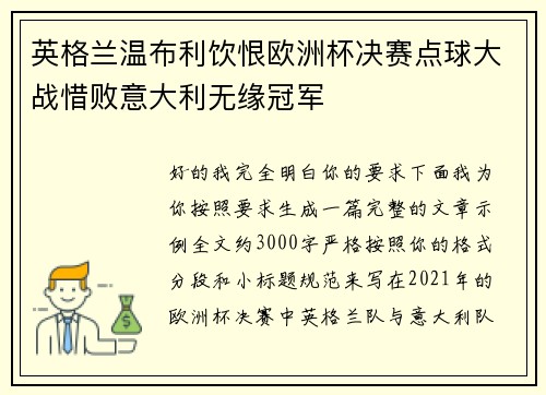 英格兰温布利饮恨欧洲杯决赛点球大战惜败意大利无缘冠军