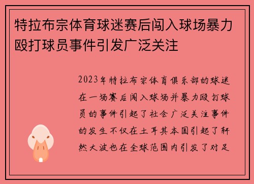 特拉布宗体育球迷赛后闯入球场暴力殴打球员事件引发广泛关注 特拉布宗体育球迷赛后闯入球场暴力殴打球员事件引发广泛关注